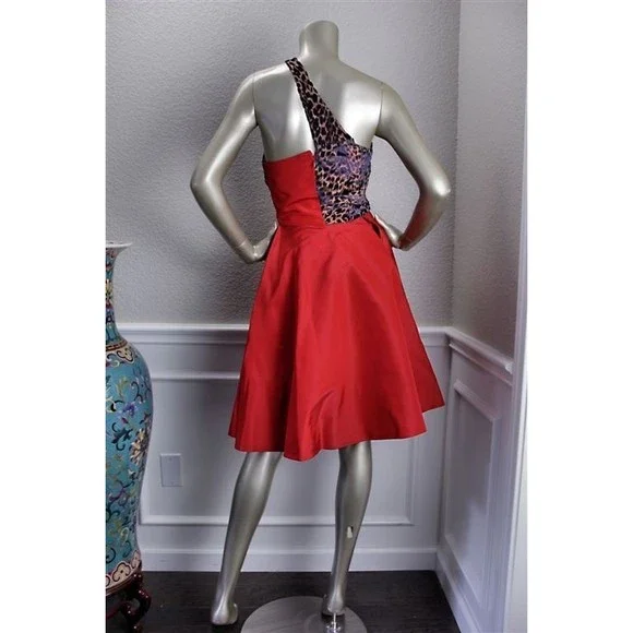 $2640 New CAROLINA HERRERA Red Silk Taffeta Leopard Cocktail Dress 8